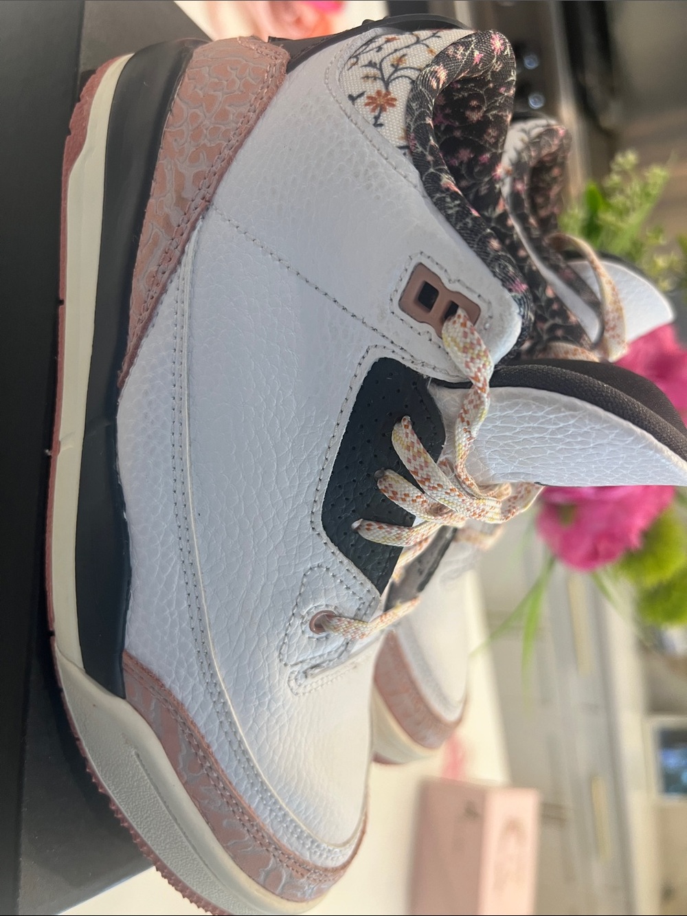 Jordan Retro Floral Black White Pink Accent Sneakers with Orig. Box & Sticker